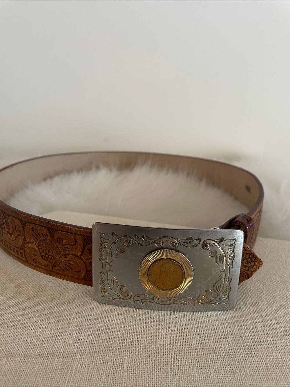 Vintage Brown Tooled Leather Belt with Silver tone and Penny Gold Buckle